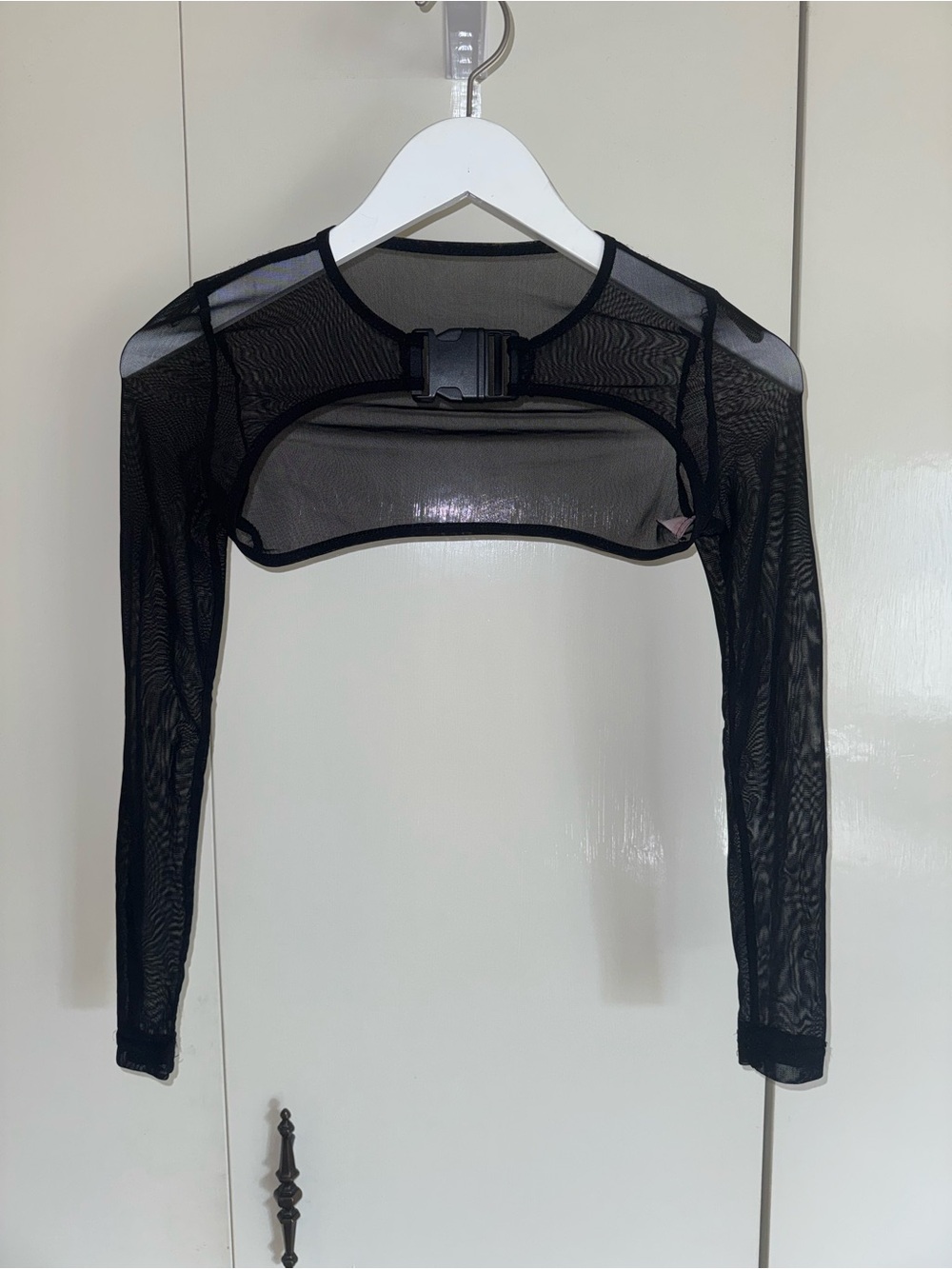 Black Mesh Long-Sleeve Top with Oversized Buckle